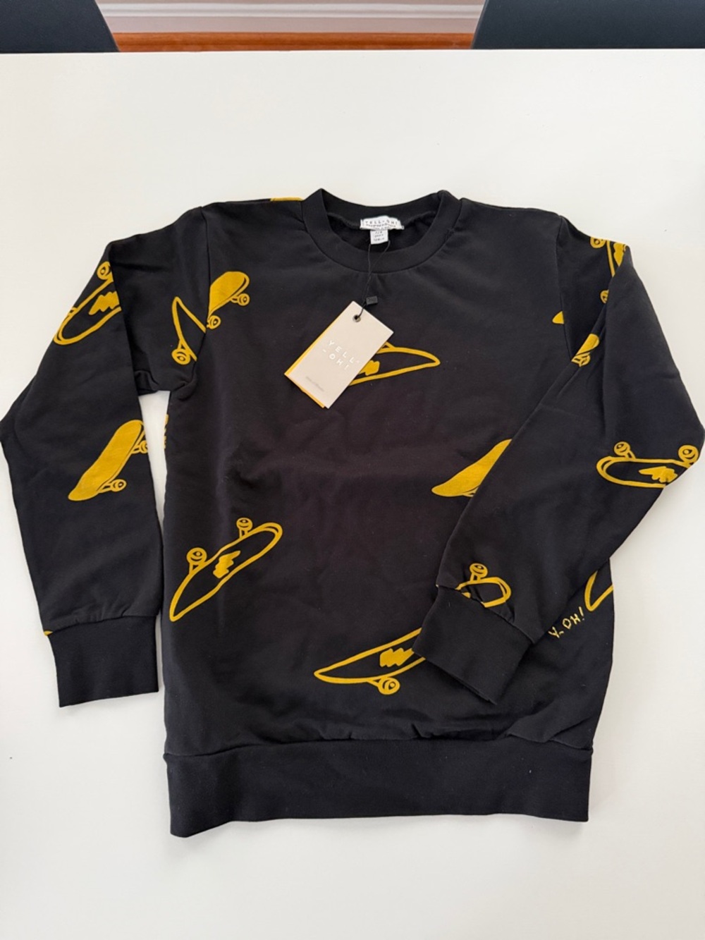 Kids Black Crewneck Sweatshirt with Yellow Skateboard Print